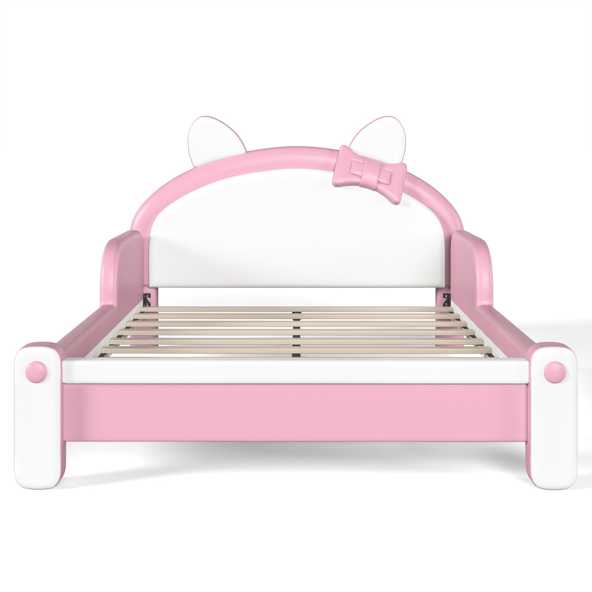 Full Cute Cat Shaped Upholstered Kids Platform Bed, Princess Style Low Profile Children Bed Frame for Bedroom,white&Pink