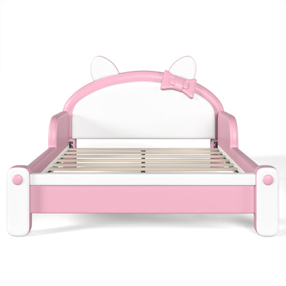 Full Cute Cat Shaped Upholstered Kids Platform Bed, Princess Style Low Profile Children Bed Frame for Bedroom,white&Pink