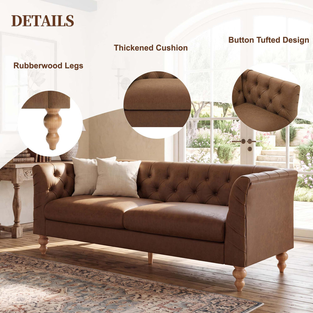 73.5'' Chesterfield Sofa PU Upholstered Couch with Flared Arms, Tufted Back & Natural Rubberwood Legs Multi Cushion Seat Sofa for Living Room and Home Lounge, Brown
