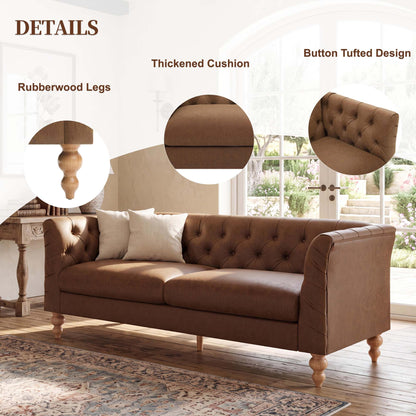 73.5'' Chesterfield Sofa PU Upholstered Couch with Flared Arms, Tufted Back & Natural Rubberwood Legs Multi Cushion Seat Sofa for Living Room and Home Lounge, Brown