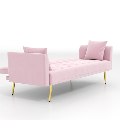 Modern convertible 72 inch foldable sleeper sofa with tufted, American retro style, made of pink velvet material, suitable for small living rooms, bedrooms and offices. pink color