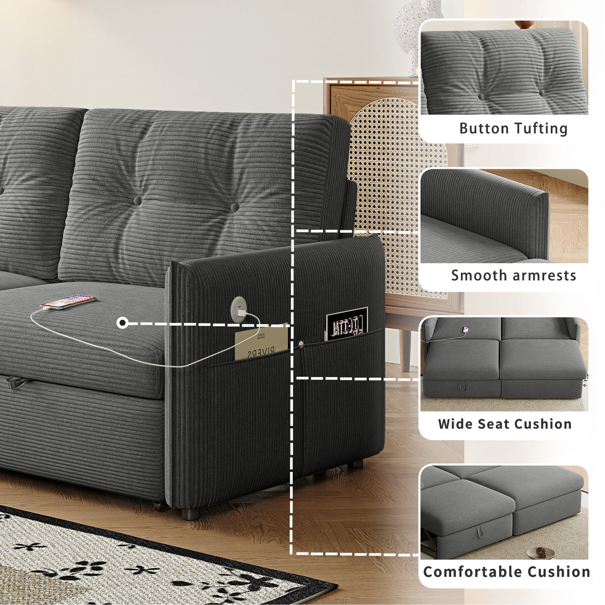 Sleeper Sofa, 69.7' Pull-Out Bed Storage Sectional, Convertible 2-in-1 Sofa Bed with Ottoman, Cozy Multi-Functional Futon for Small Spaces, Corduroy Fabric, Ideal for Living Room & Bedroom