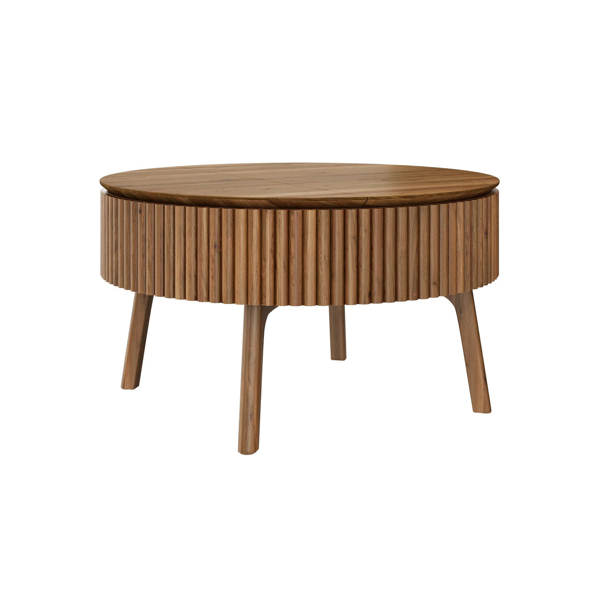 Modern Round Lift-Top Coffee Table with Half Flip-Top & Hidden Storage, Solid Wood Mid-Century Coffee Table with Fluted Design, 30.3' Walnut Space-Saving Center Table for Living Room