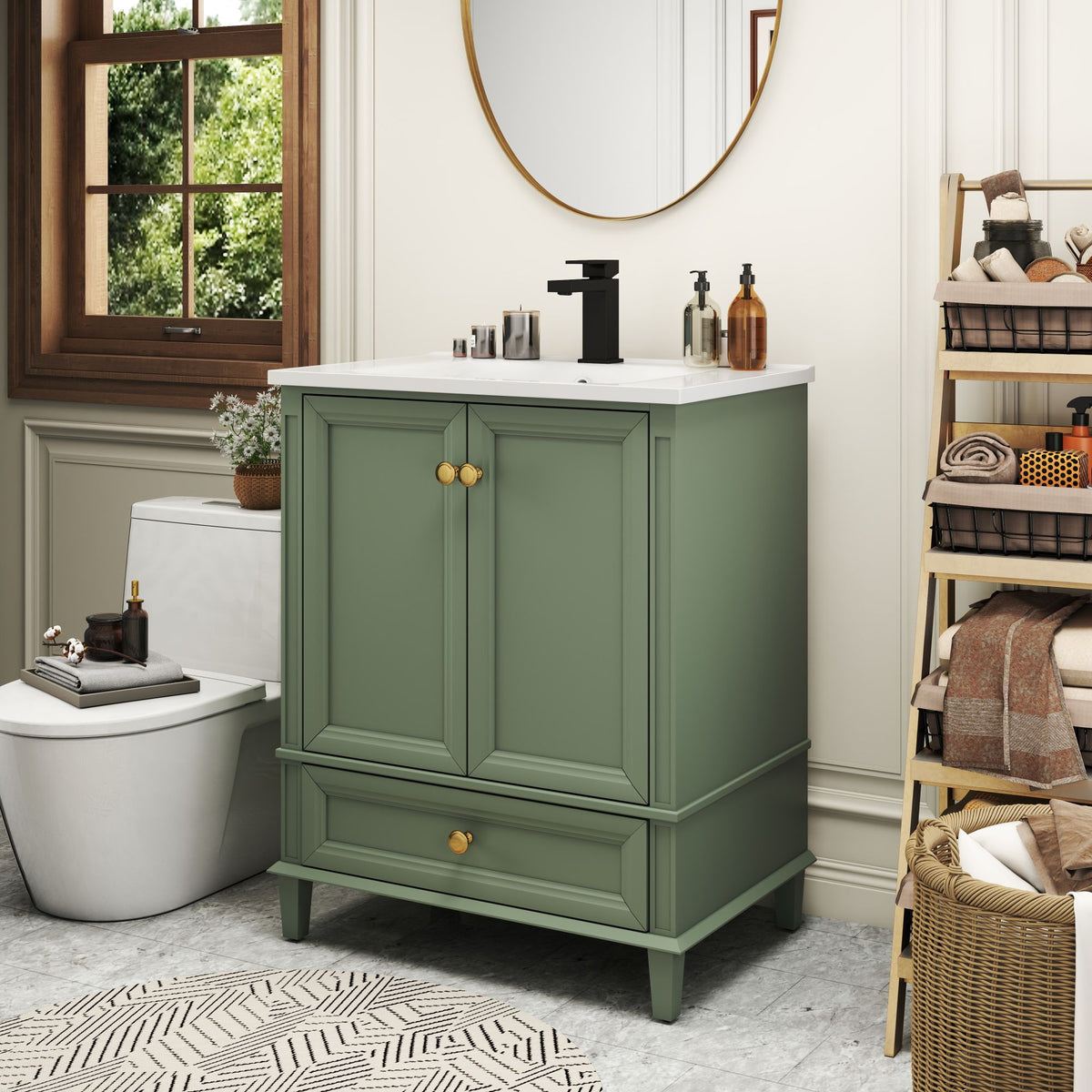 27.8" Modern Bathroom Vanity Set with Reinforced Legs & Painted Surface, Mid-Century Freestanding Bathroom Vanity Sink with Storage, High-end Restroom Vanity Cabinet with Drawer& Hidden Storage Shelvs