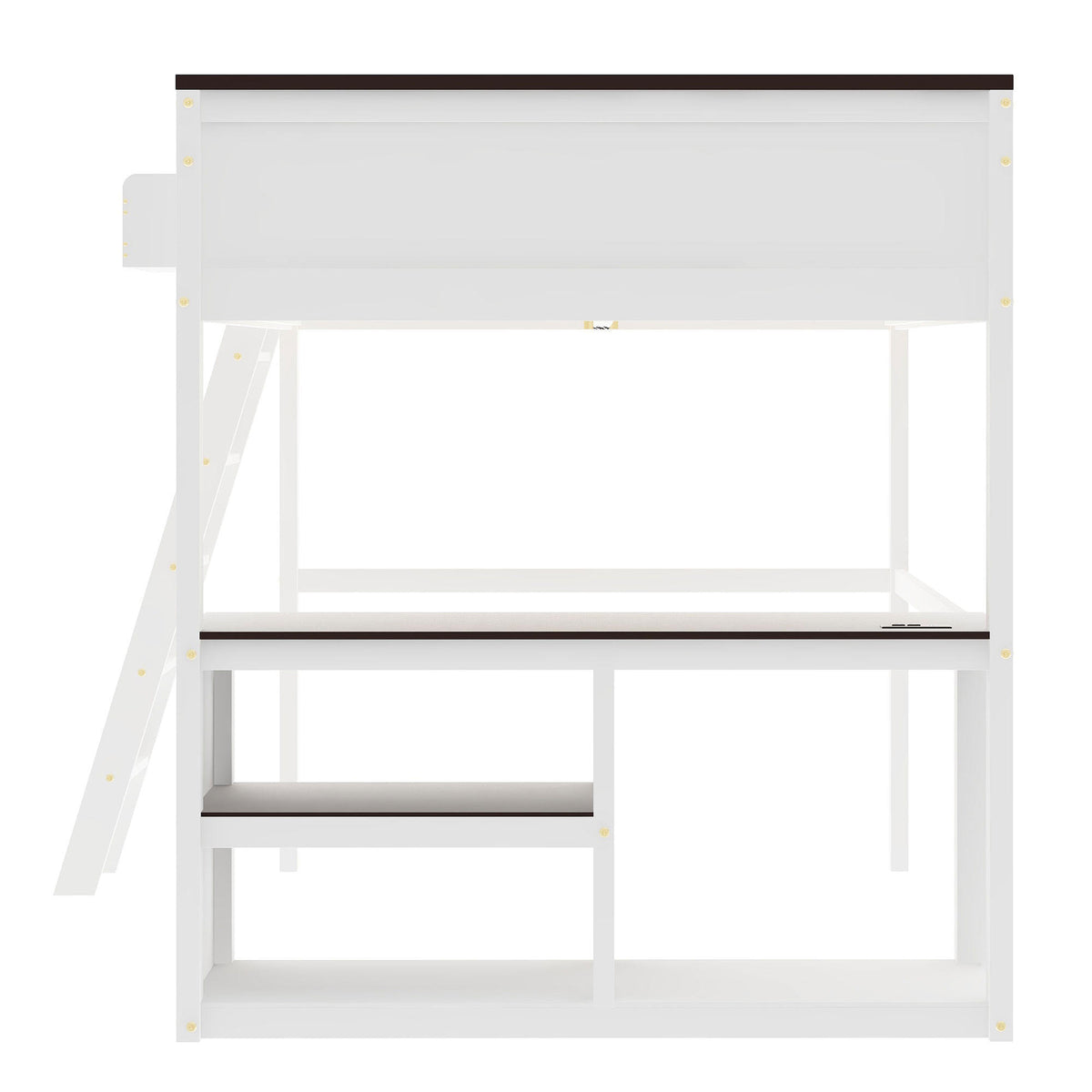 White Queen Size Loft Bed with Desk, Open Shelf, Storage Box and USB Charging Station, Pine+MDF