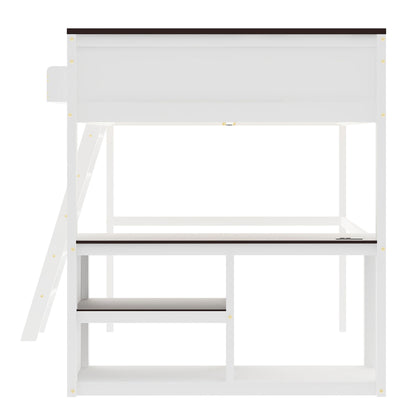 White Queen Size Loft Bed with Desk, Open Shelf, Storage Box and USB Charging Station, Pine+MDF