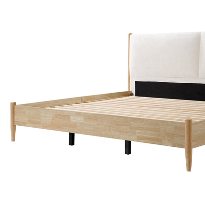 King Natural wood  Bed Frame with White Cozy Upholstered Headboard