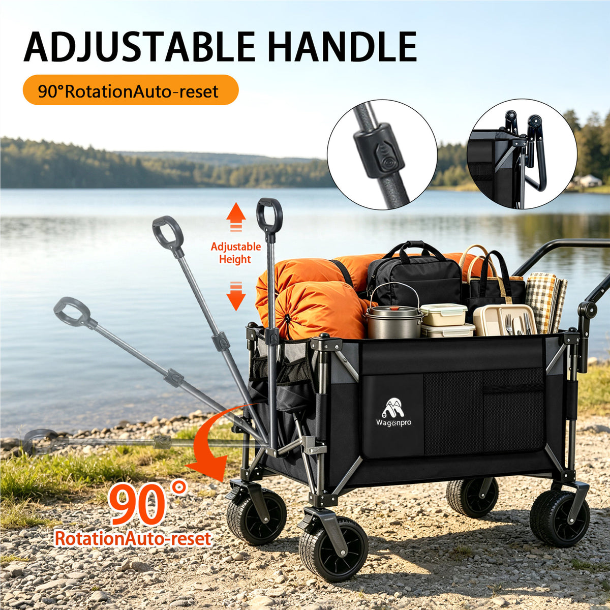 Multi-Functional Push-Pull Folding Wagon Cart with Rotating Handle & 360° All-Terrain Wheels – Heavy-Duty, Adjustable Design, Large Capacity for Transport, Groceries, and Outdoor Use,Black