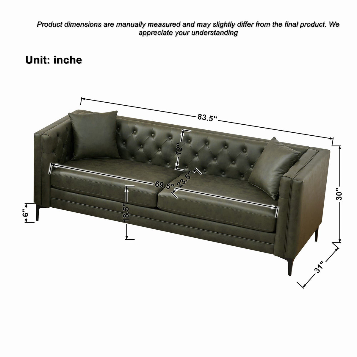 83" Tech Fabric Sofa with Metal Legs, 3 Seater Modern Upholstered Sofa, Mid-Century Modern Sofa with Button Tufting, Living Room, Apartment, Office, Green.