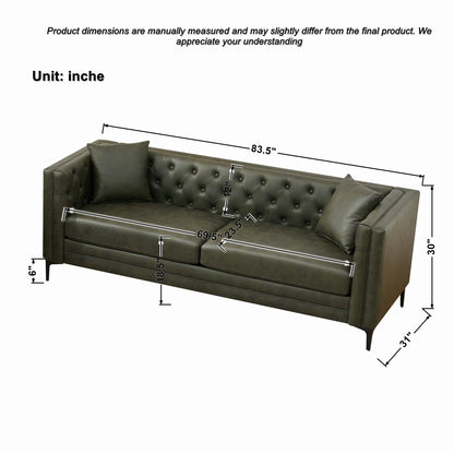 83" Tech Fabric Sofa with Metal Legs, 3 Seater Modern Upholstered Sofa, Mid-Century Modern Sofa with Button Tufting, Living Room, Apartment, Office, Green.