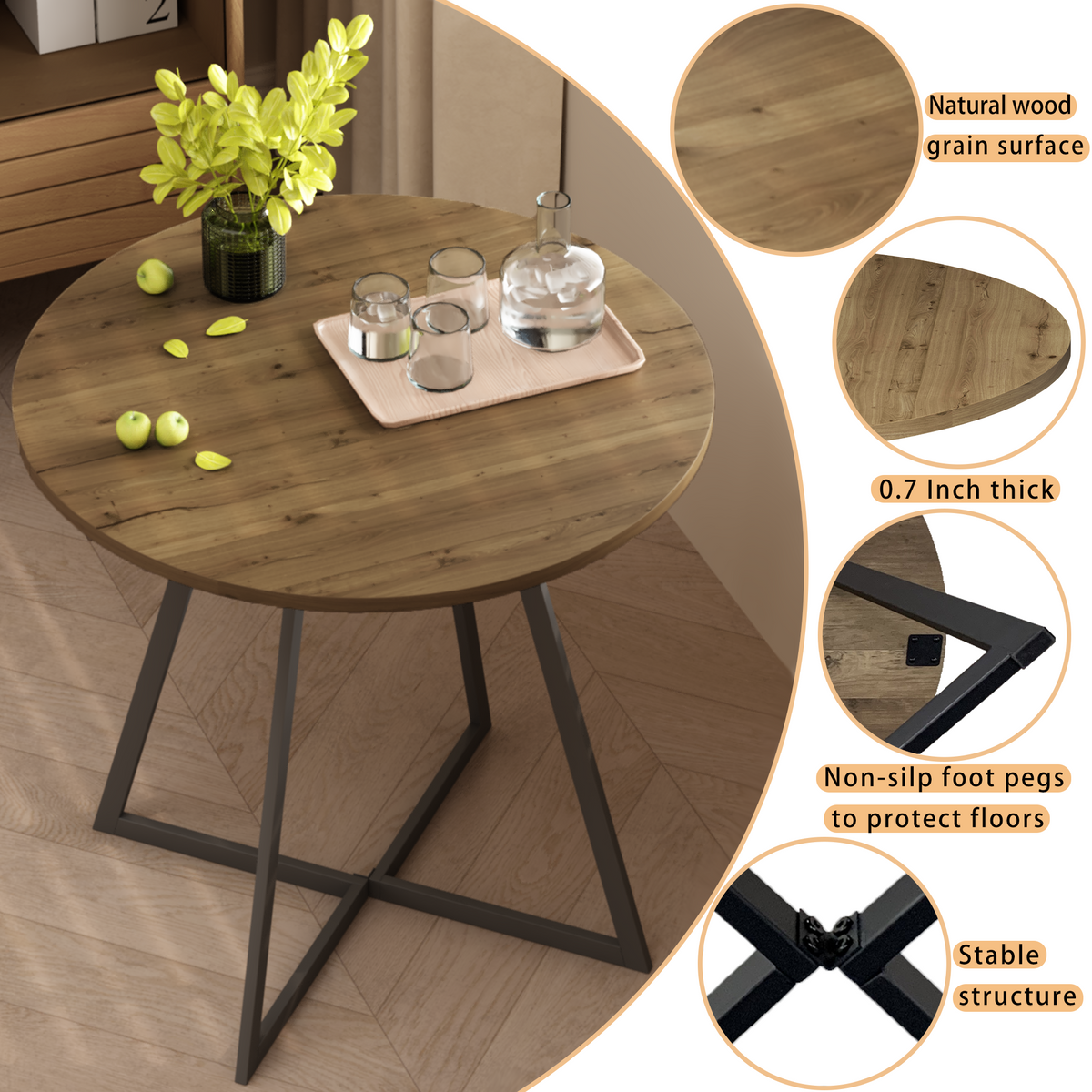 31.5 Inch Round Dining Table, Small Circle Kitchen Table with Metal Black Legs for 2-4 people, Modern Dining Room Table, Brown (only table) – Natural