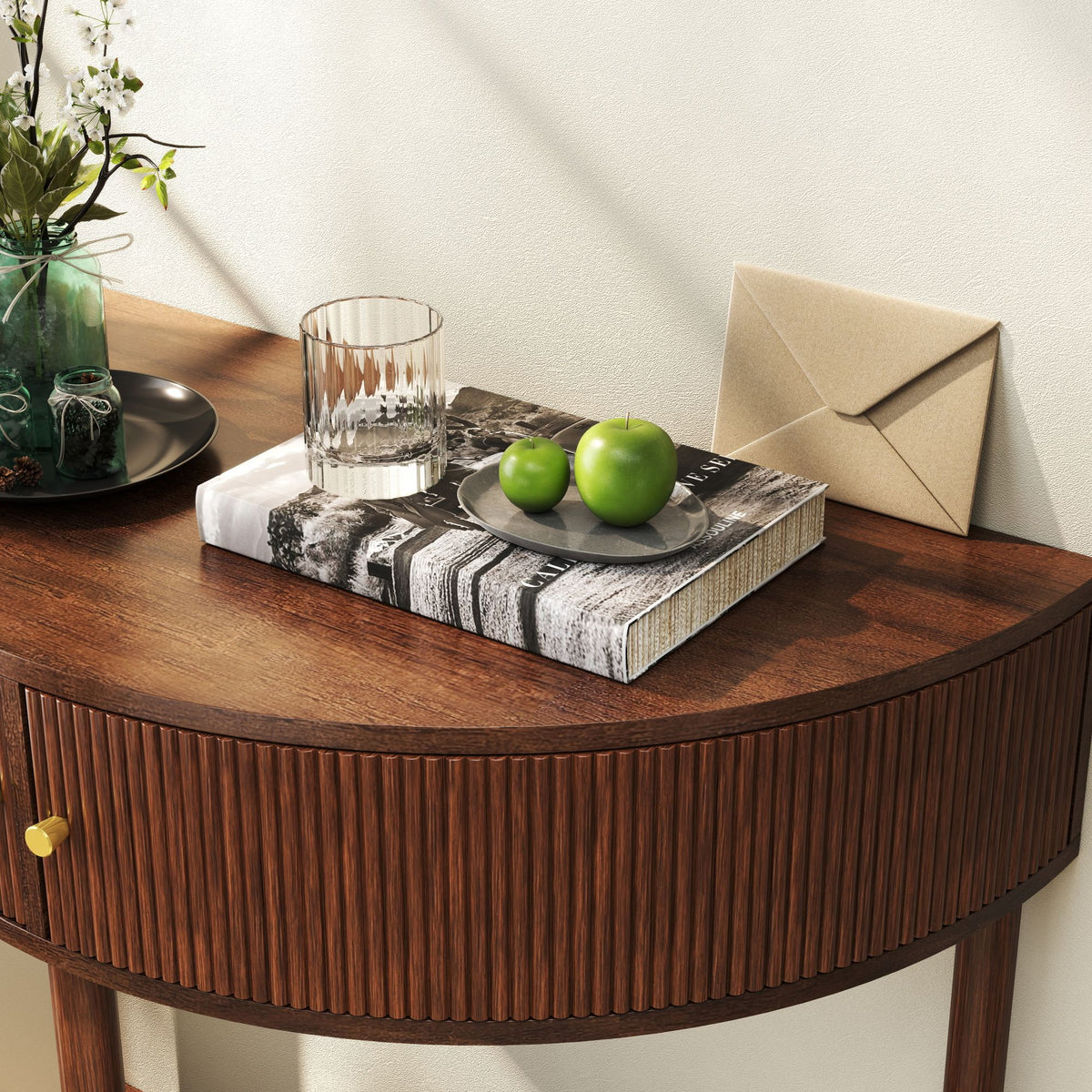 Artisan-Crafted Wave-Pattern Demi-Lune Console Table with Brown Woodgrain,Unique Half Moon Design End Table with 2 Storage Drawers and Bottom Shelf for Living room, Bedroom, Study, Hallway