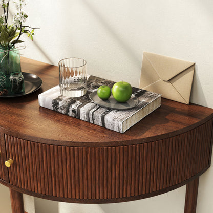Artisan-Crafted Wave-Pattern Demi-Lune Console Table with Brown Woodgrain,Unique Half Moon Design End Table with 2 Storage Drawers and Bottom Shelf for Living room, Bedroom, Study, Hallway