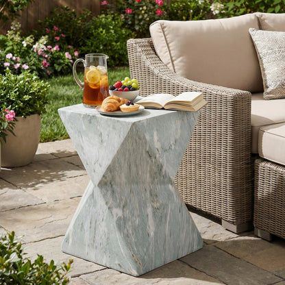 18.5"H Modern Geometric MGO Side Table, Hourglass Accent Table with Faux Marble Finish - Weather Resistant End Table for Indoor and Outdoor Use, Living Room, Bedroom & Patio, Green Marble