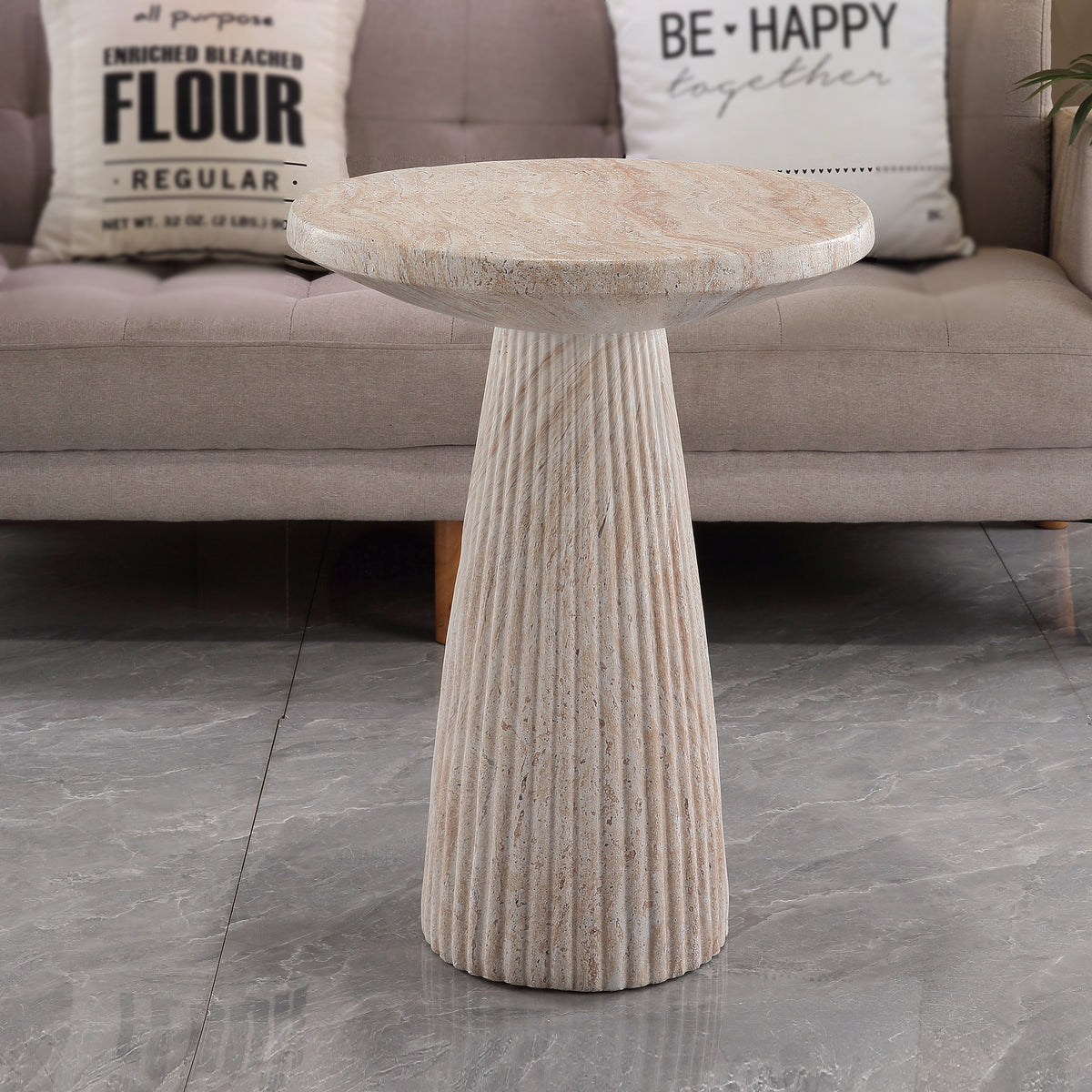 Fluted Pedestal Round Coffee Table, MgO Faux Travertine Accent Coffee Table, Indoor & Outdoor Decorative Table for Living Room Backyard Patio, Top Dia 17.91" x H 24.02"