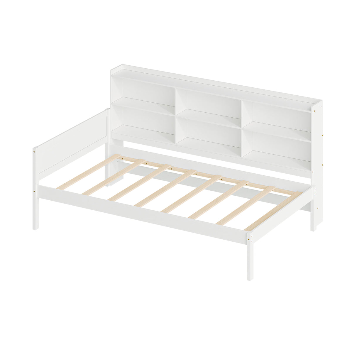 Twin Size Solid Wood Single Bed with Large Multi-compartment Storage Headboard Bookshelf, Simple Solid Wood Bed Frame, Multi-functional Storage Bed for Bedroom,White