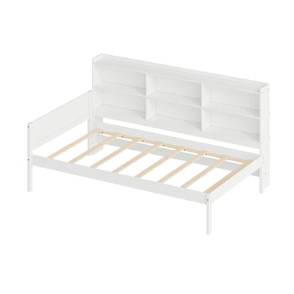 Twin Size Solid Wood Single Bed with Large Multi-compartment Storage Headboard Bookshelf, Simple Solid Wood Bed Frame, Multi-functional Storage Bed for Bedroom,White
