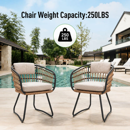 Beige PE Rattan Dining Chairs Set of 2 with Cushions, Outdoor Wicker Armchairs for Garden, Lawn, Poolside, Backyard, Porch