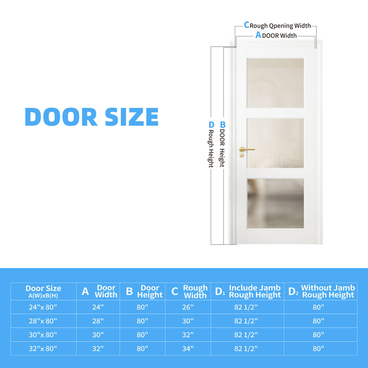 28" X 80"3-Lite Glass Door,Preassembled Frosted Glass French Door,MDF Wood Panel,for Utility Room Pantry Closet Laundry Room, Bathroom,w/o Hardware,White