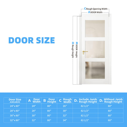 28" X 80"3-Lite Glass Door,Preassembled Frosted Glass French Door,MDF Wood Panel,for Utility Room Pantry Closet Laundry Room, Bathroom,w/o Hardware,White