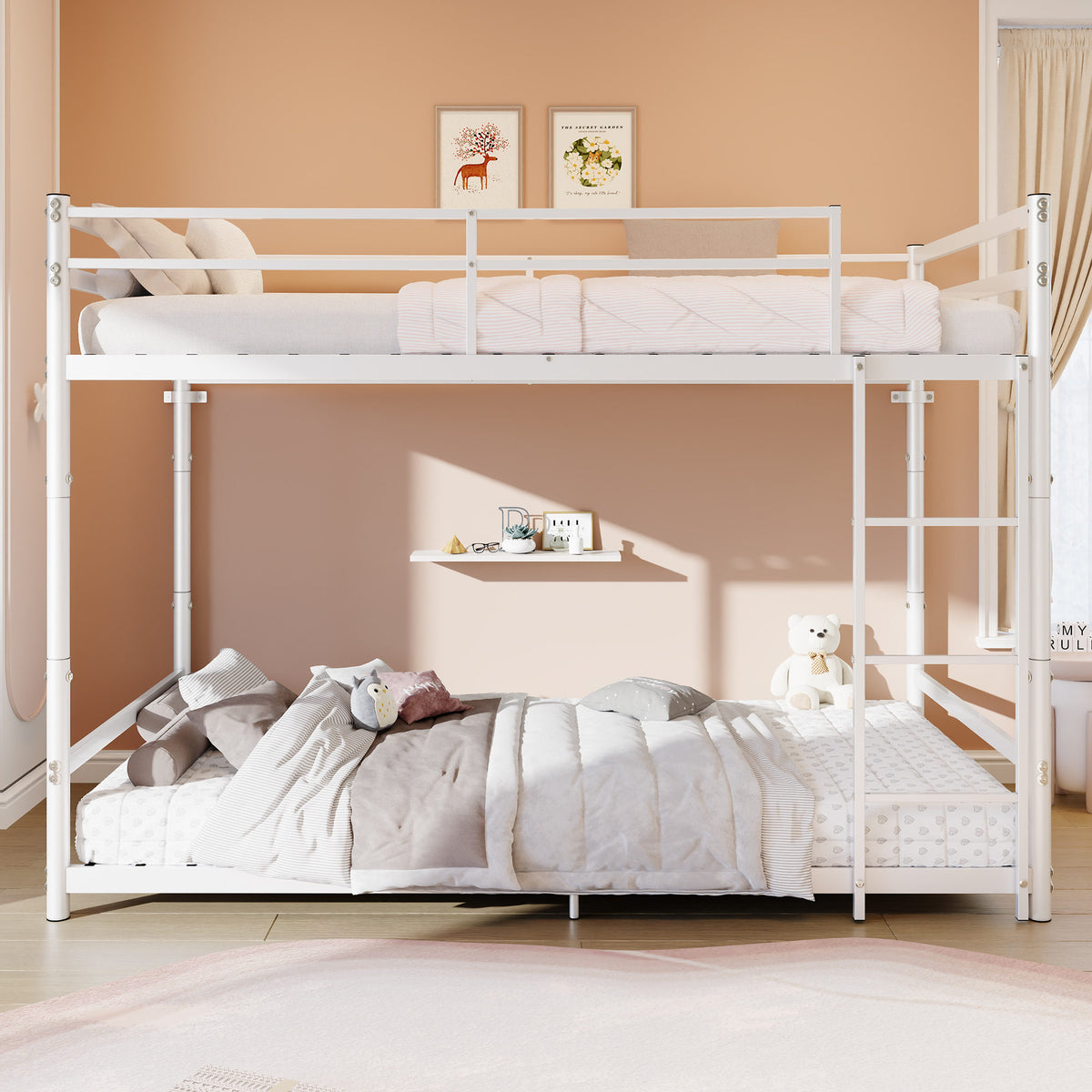 Heavy Duty Metal Twin Over Twin Bunk Bed, Convertible to 2 Separated Twin Beds, Noise-Free Steel Frame with Rubber Anti-Slip Ladder & 11.3' Guardrails, 400/485 LBS Weight Capacity, White