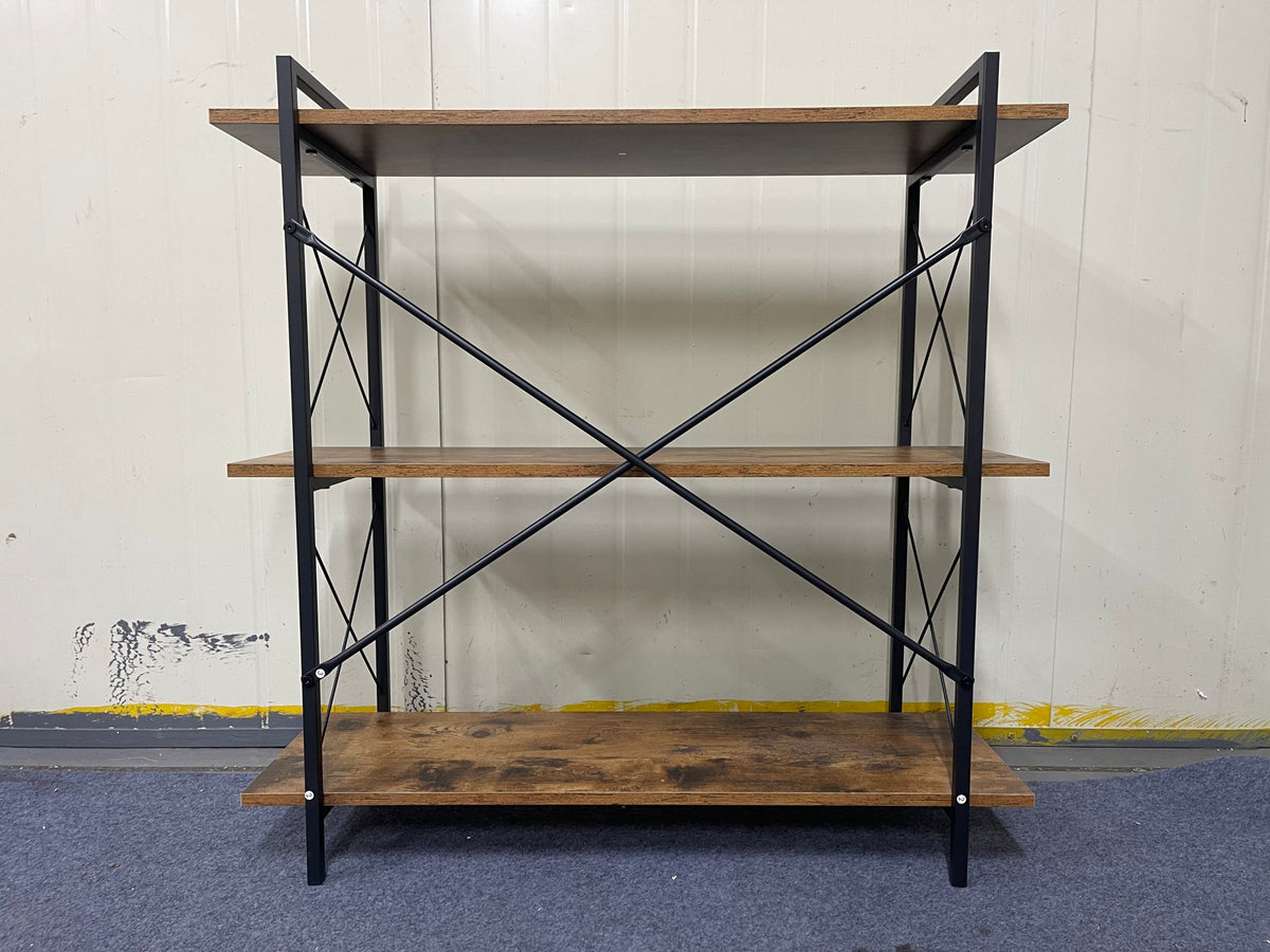 3-Tier Bookshelf, Horizontal Bookcase with Open Storage Shelves, Rustic Industrial Plant Stand, Wood & Metal Shelf for Living Room, Bedroom & Home Office (Rustic Brown)
