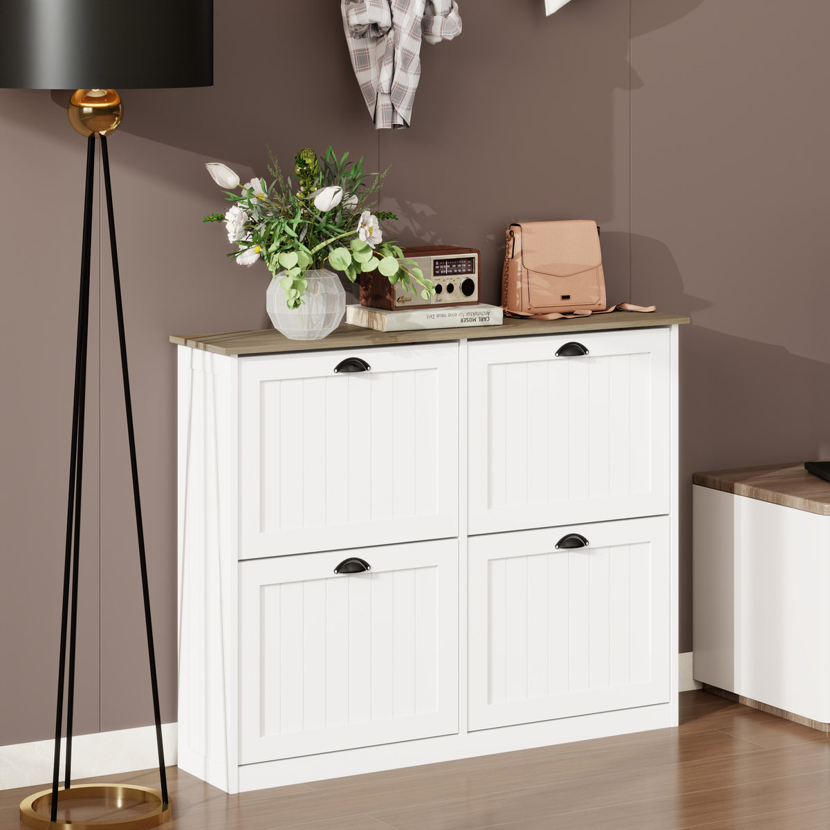 Shoe Storage Cabinet with 4 Flip Drawers, Freestanding Shoe Cabinet Organizer with Adjustable Shelf, Shoe Cabinet for Entryway,  Foyer, Slim Shoe Cabinet-White