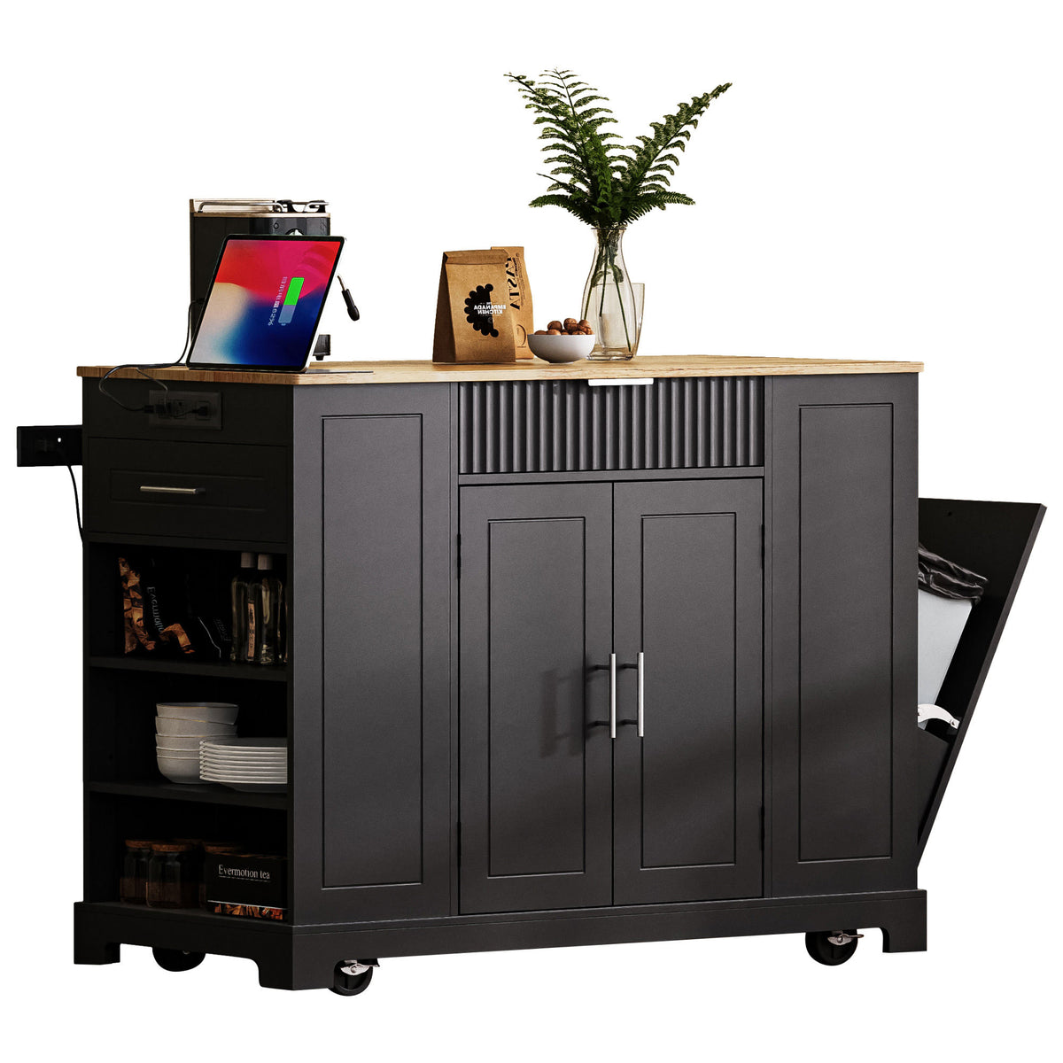 K&K Fluted Kitchen Island with Trash Can Storage Cabinet, Power Outlet, Internal Storage Rack – Black