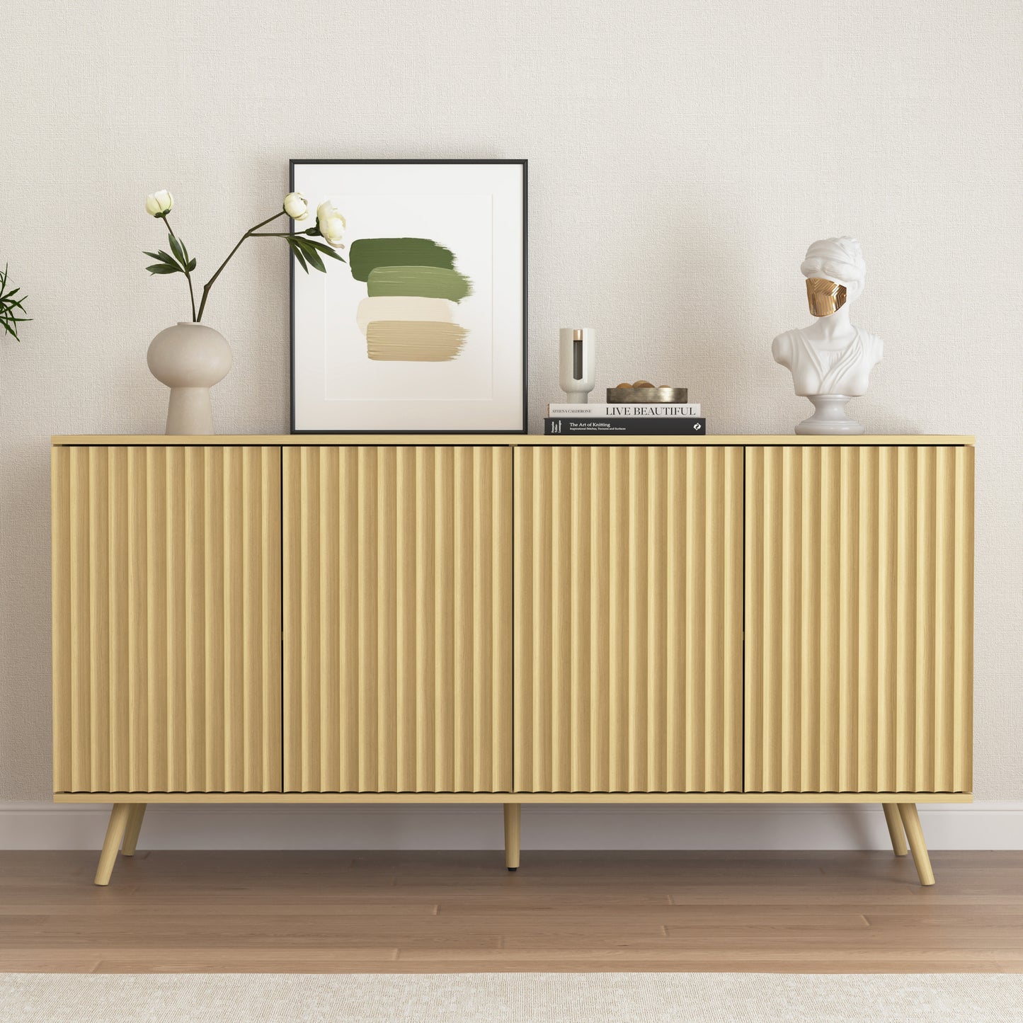 Sideboard Buffet Cabinet with Storage, Long Sideboard Storage Cabinet with 4 Doors, Wood Credenza Console Coffee Bar Cabinets with Adjustable Shelves for Living Room Kitchen Dining Room Natural
