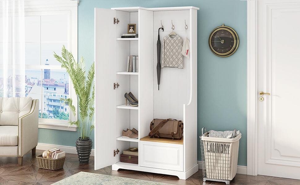 Stylish Design Hall Tree with Flip-Up Bench, Minimalist Hallway Shoe Cabinet with Adjustable Shelves, Multifunctional Furniture with Hanging Hooks for Entryways, Mudroom, White (OLD SKU: WF304223AAK)