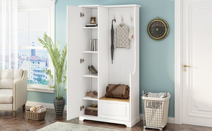 Stylish Design Hall Tree with Flip-Up Bench, Minimalist Hallway Shoe Cabinet with Adjustable Shelves, Multifunctional Furniture with Hanging Hooks for Entryways, Mudroom, White (OLD SKU: WF304223AAK)