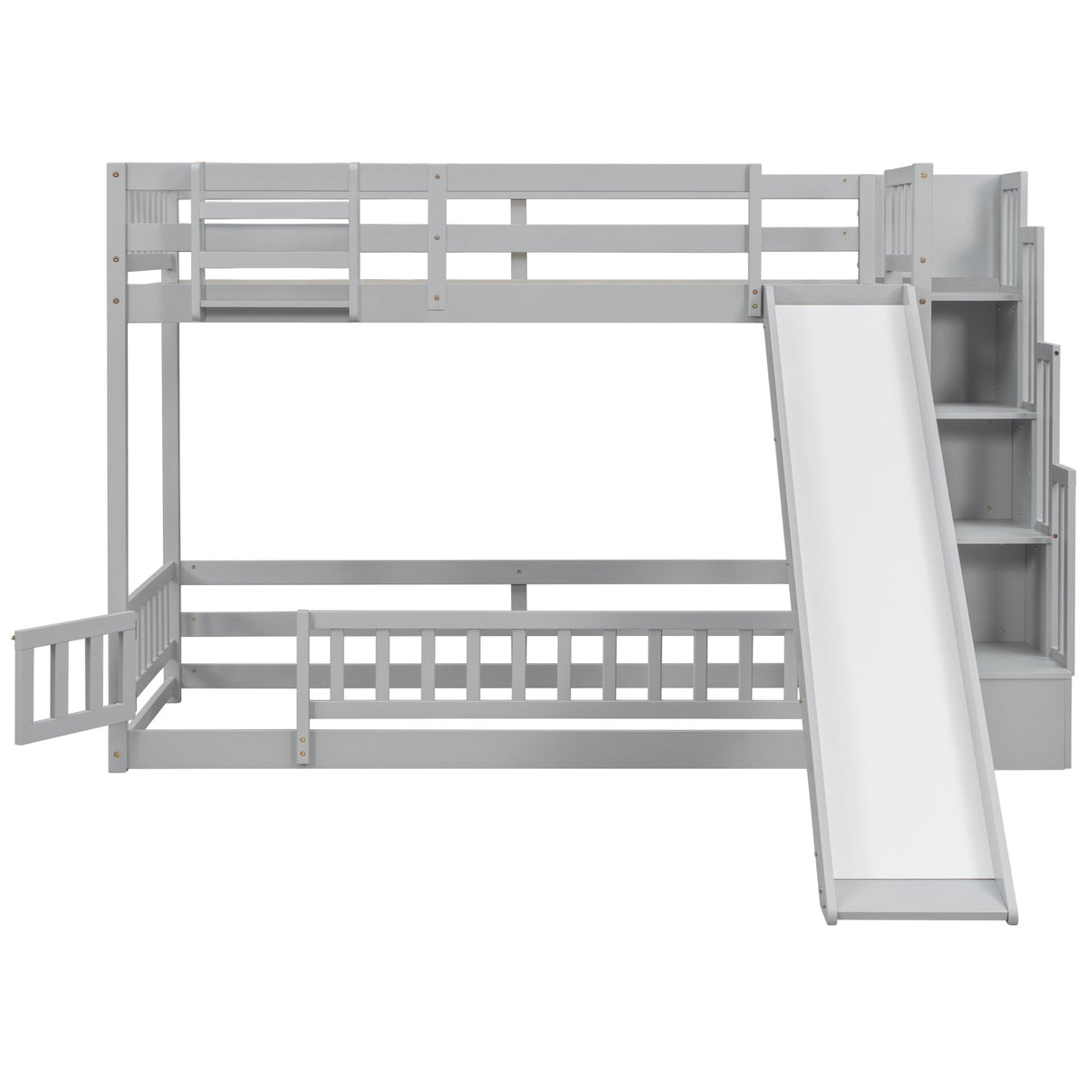 Twin Over twin Bunk Bed with Slide, Storage Staircase, Bedside Storage Rack,LED lights,Pine Solid Wooden Bunk Bed with Safety Guardrails ,Grey