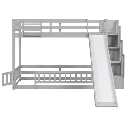 Twin Over twin Bunk Bed with Slide, Storage Staircase, Bedside Storage Rack,LED lights,Pine Solid Wooden Bunk Bed with Safety Guardrails ,Grey