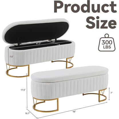 Storage Bench Bedroom Bench, Velvet Oval Upholstered End of Bed Bench with Golden Metal Legs, Modern Storage Ottoman Bench for Bedroom, Living Room, Entryway,Window,Ivory