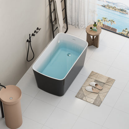 49'' Acrylic Freestanding Soaking Bathtub, Square-shape Japanese Soaking Hot Tub with Chrome Overflow and Drain, Glossy Black 24A01-49B