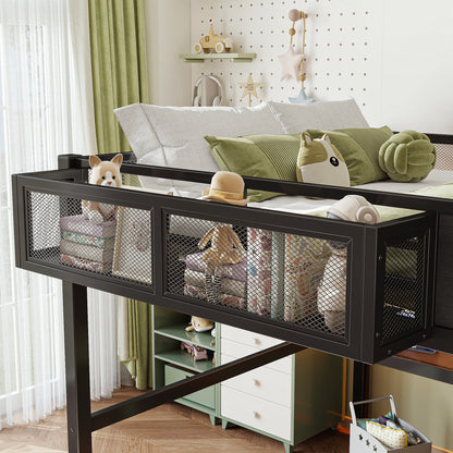 Queen Size Multifunctional Loft Bed with Slide, Desk,and Storage Shelves, Metal Loft Bed Frame With USB Ports And Led Lights, Triangular Geometry House Design, Black