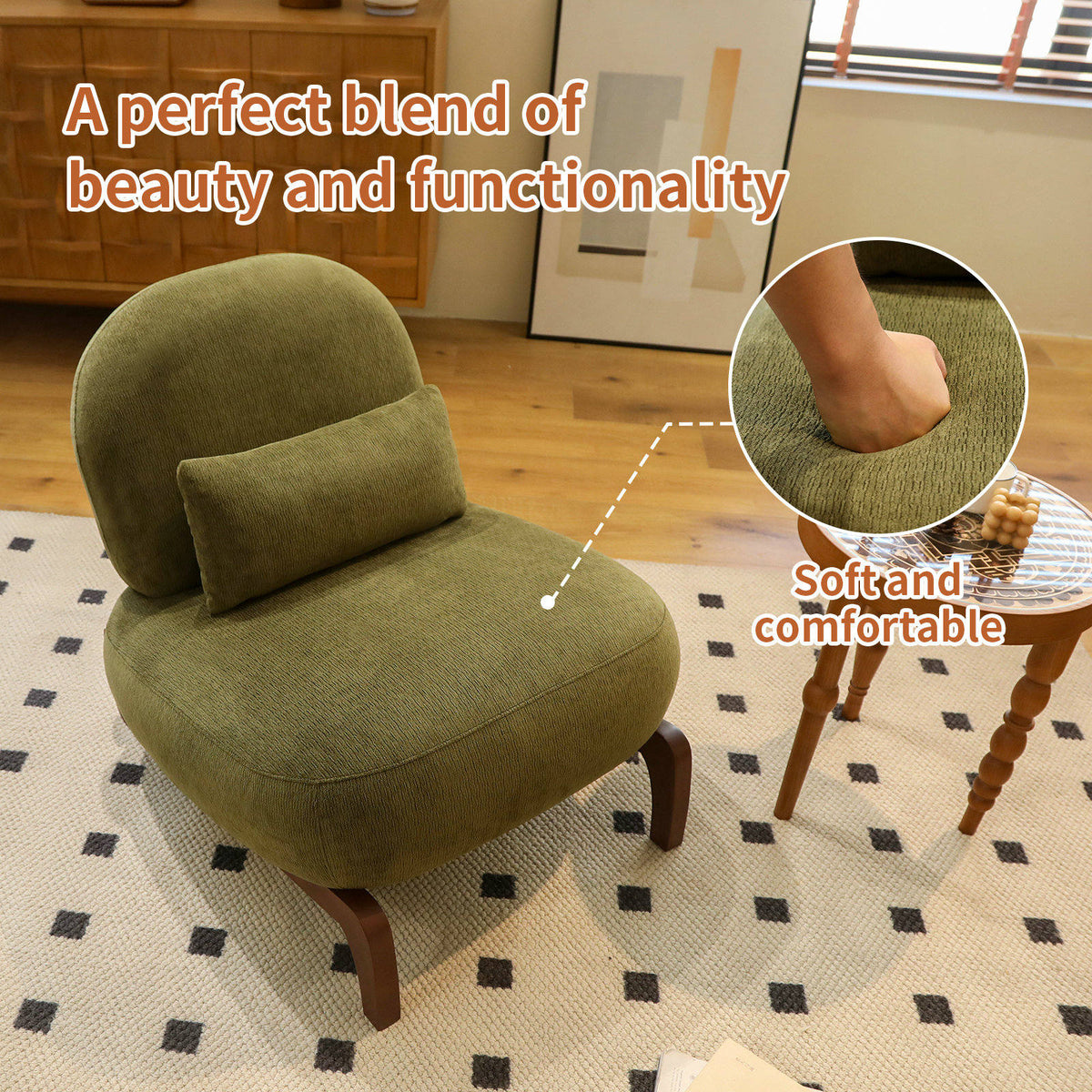 Cute Accent Chair with Solid Wood Legs, Velvet Living Room Chair with Soft Cushion, Cozy Bedroom Chair, Comfy Armless Reading Chair - Green – Model W2105P379653