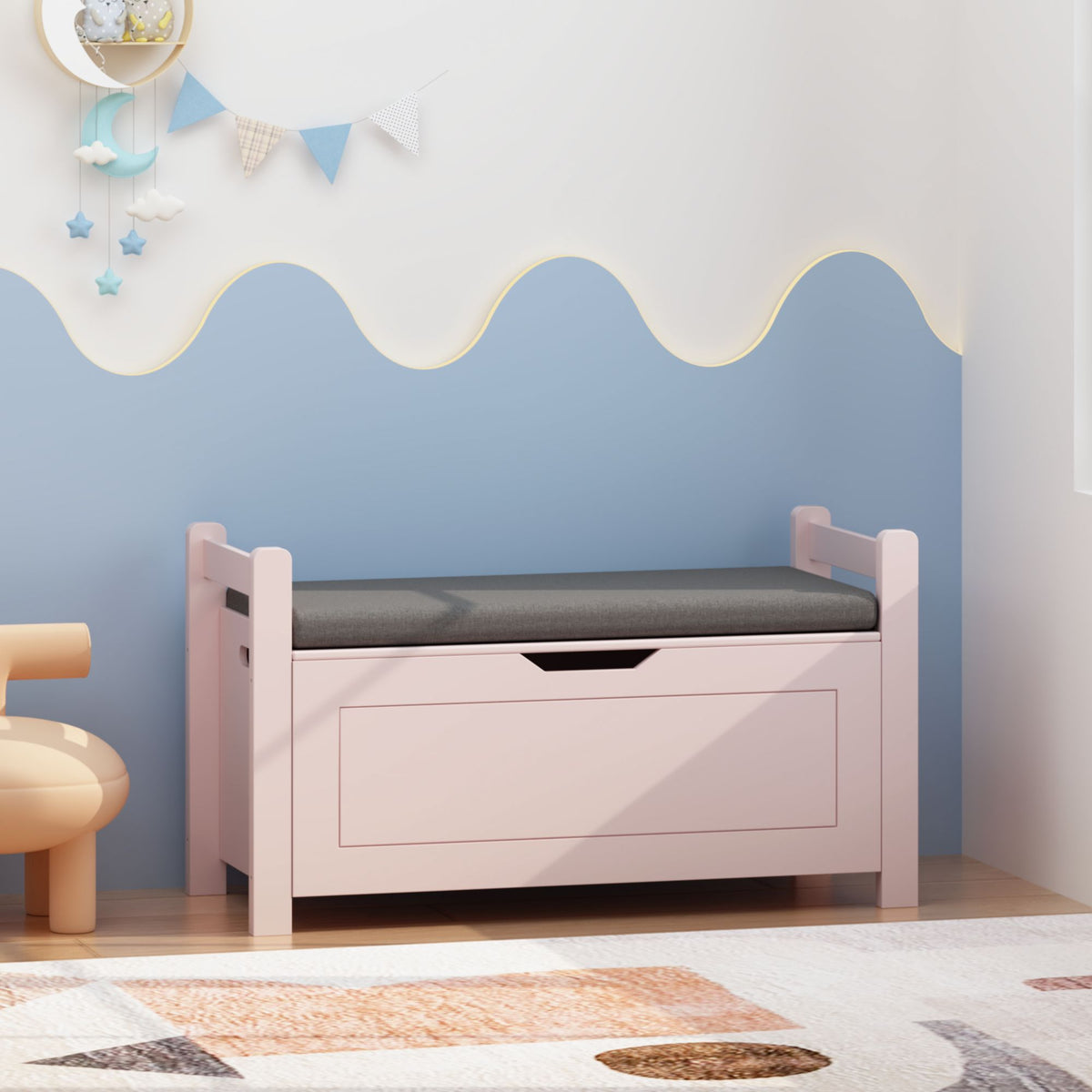 Kids Toy Box Chest for Boys Girls, Large Storage Cabinet with Cushion Seat Bench/ Flip-Top Lid/ Safety Hinge, Toy Storage Organizer Trunk for Nursery, Playroom (Pink)