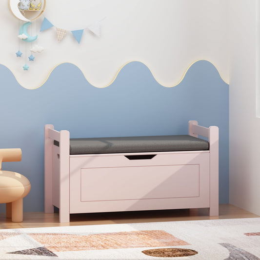 Kids Toy Box Chest for Boys Girls, Large Storage Cabinet with Cushion Seat Bench/ Flip-Top Lid/ Safety Hinge, Toy Storage Organizer Trunk for Nursery, Playroom (Pink)