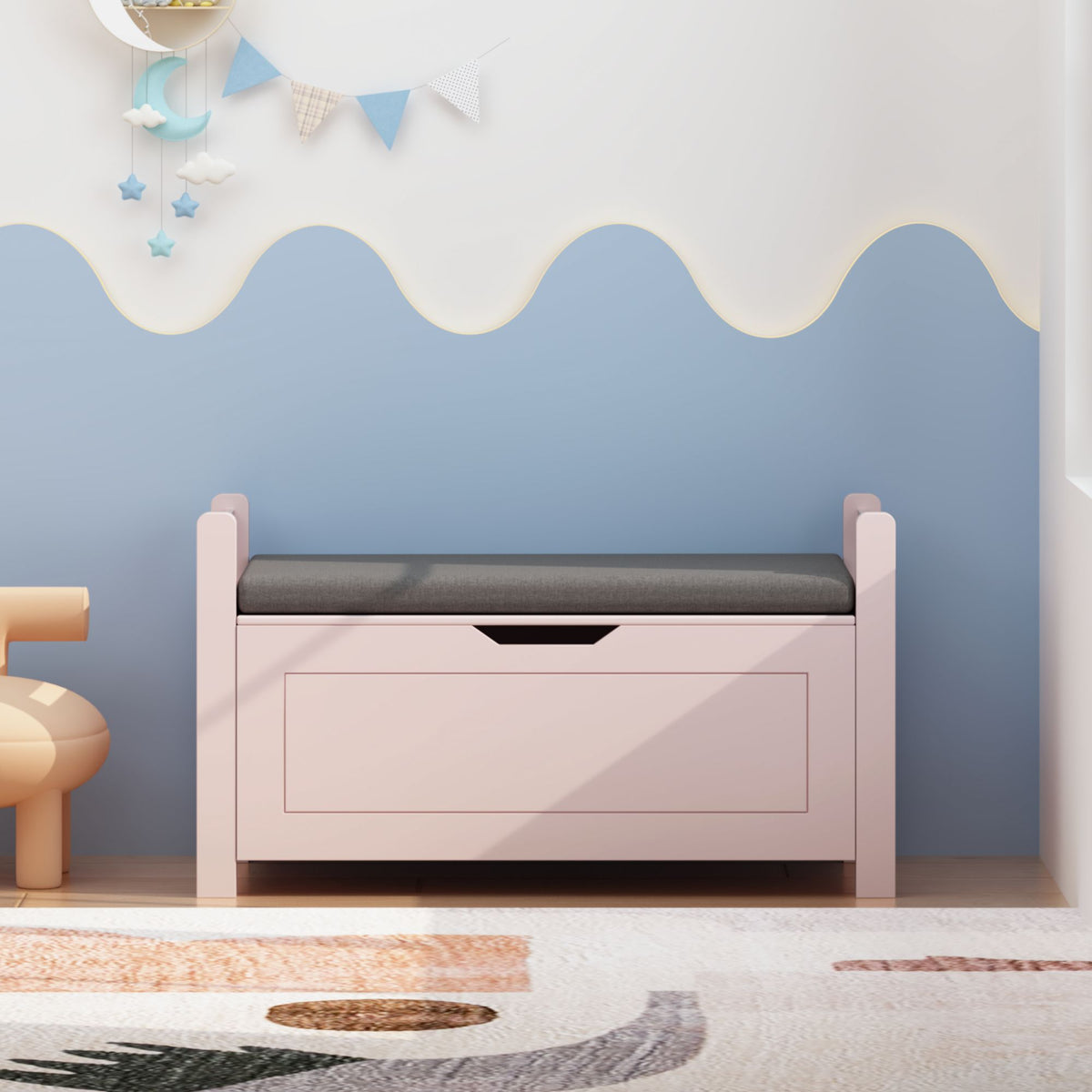 Kids Toy Box Chest for Boys Girls, Large Storage Cabinet with Cushion Seat Bench/ Flip-Top Lid/ Safety Hinge, Toy Storage Organizer Trunk for Nursery, Playroom (Pink)