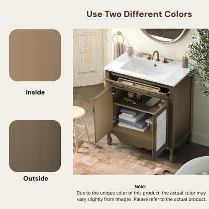 30' Antique Pattern Bathroom Vanity with Rectangle Ceramic Sink, Bathroom Vanity Cabinet with Tip-Out Tray / Flip-Out Drawer, Equipped with Antique Handles and Rubber Wood legs, Vintage Light Brown