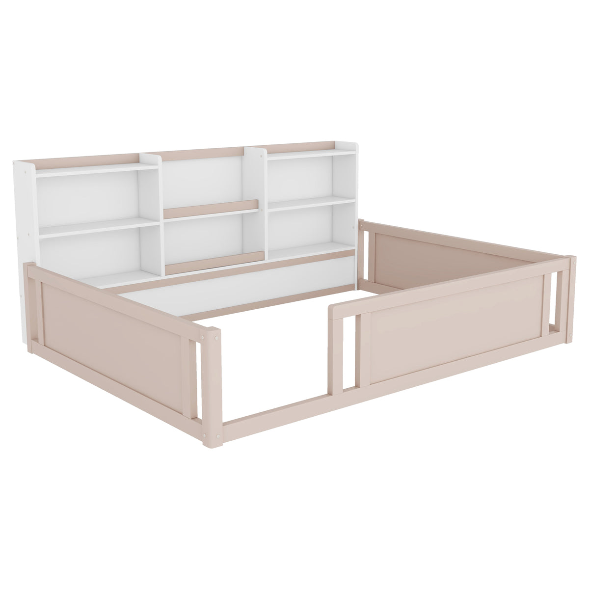 Full Size Wooden Platform Floor Bed with Guardrail Fence and Convenient Side Storage Shelves, Space-Saving Kids Bed Frame,Nude and White