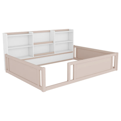Full Size Wooden Platform Floor Bed with Guardrail Fence and Convenient Side Storage Shelves, Space-Saving Kids Bed Frame,Nude and White