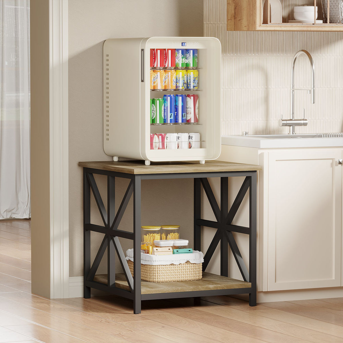 24" End Table with Storage, 2-Tier Side Table with Open Shelves for Living Room, Bedroom Nightstand, Farmhouse Accent Table, Grey Wash