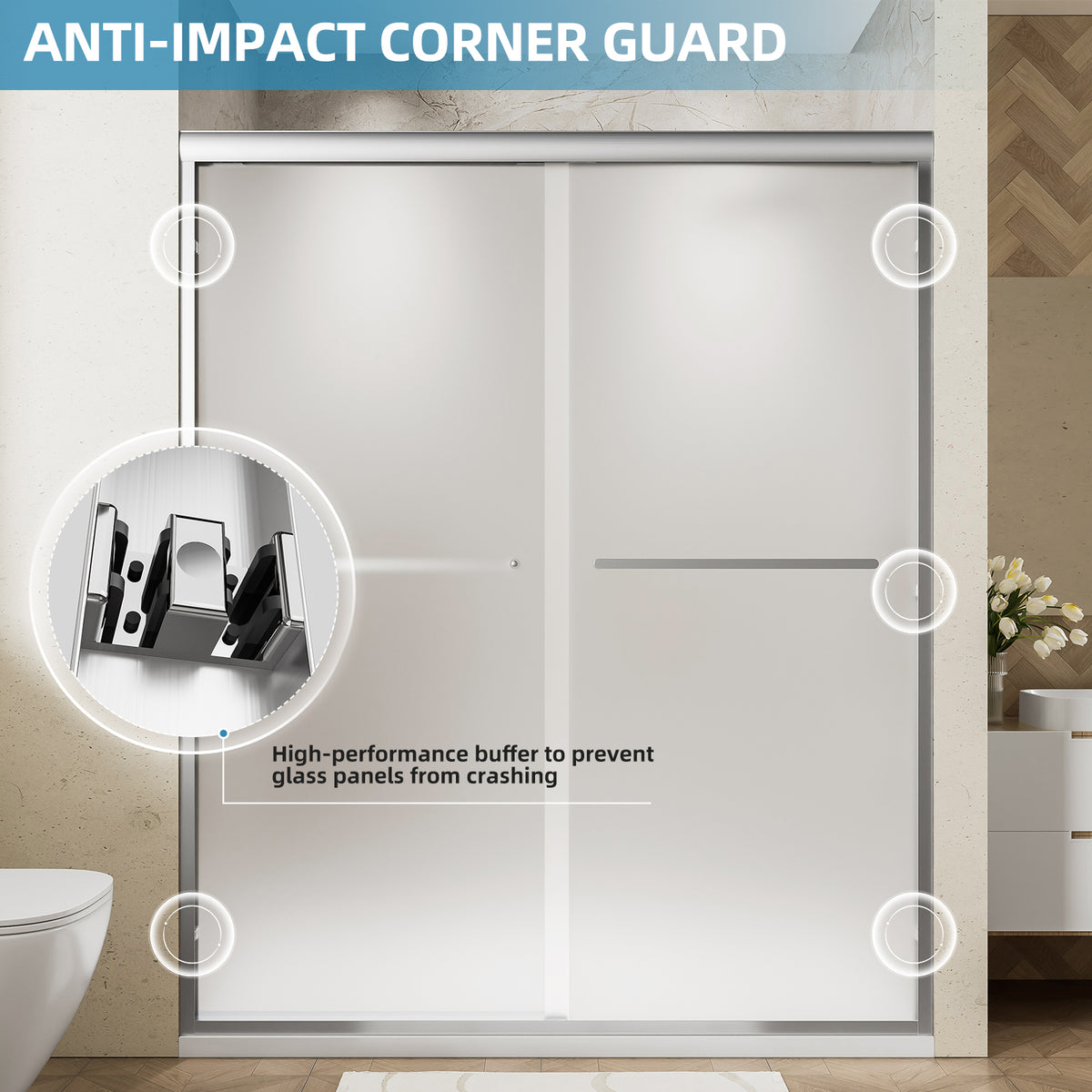 56-60" W x 72" H Framed Double Sliding Shower Door, 1/4" (6mm) Frosted Ultra-Clear Tempered Glass with nano self-cleaning coating, Brushed Nickel Finish, Reversible Installation
