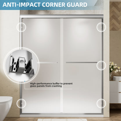 56-60" W x 72" H Framed Double Sliding Shower Door, 1/4" (6mm) Frosted Ultra-Clear Tempered Glass with nano self-cleaning coating, Brushed Nickel Finish, Reversible Installation
