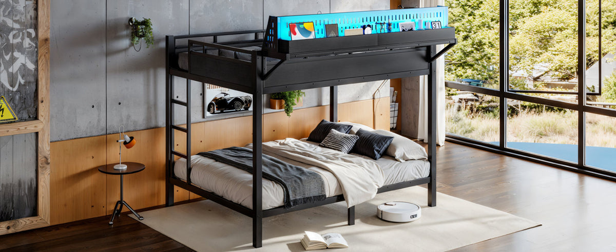 Queen over Queen Size Metal Bunk Bed with Storage Shelves and Pegboard, Bunk Bed Frame with USB Ports and LED Lights, Space-Saving, for Teens and Adults, Black