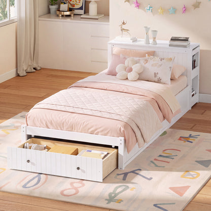 Twin Modern Platform Bed with Integrated Desk and Storage, Wood Bed Frame with wide Headboard, Footboard Drawers & Side Shelves, Multifunctional Space Saving Bedroom Furniture for Teen and Kids, White
