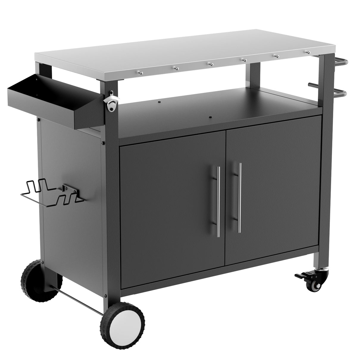 Two Doors Outdoor Grill Cart with Patio Furniture, Outdoor Grill Table with Storage,Rolling Bar Cart Outdoor BBQ Cart with  Hooks and Spice Rack for Grilling Accessories, Black