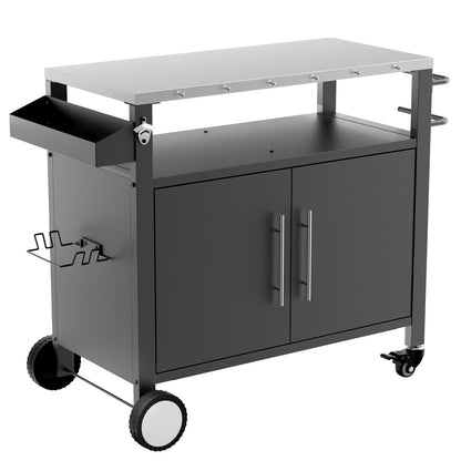 Two Doors Outdoor Grill Cart with Patio Furniture, Outdoor Grill Table with Storage,Rolling Bar Cart Outdoor BBQ Cart with  Hooks and Spice Rack for Grilling Accessories, Black